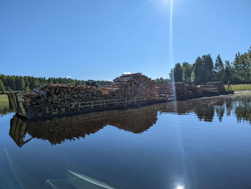 Puutavaraproomu aurinkoisena aamuna