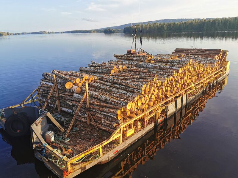 Proomu raakapuukuormassa tyynellä järvellä